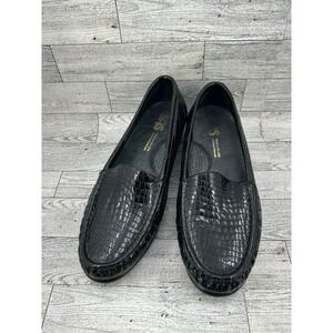 SAS‎ Women's Black Crocodile Embossed Leather Loafer Flats Size 9W Made in USA